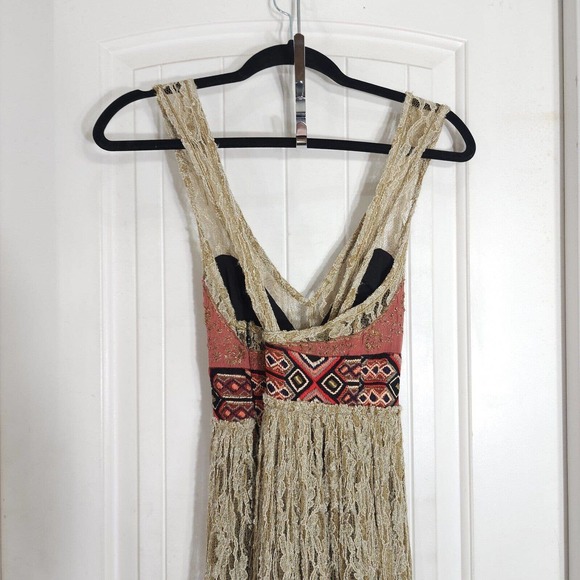 Free People Maxi Dress Blackened Crushed Gold Lace Embroidered Beaded RARE! - Picture 9 of 16